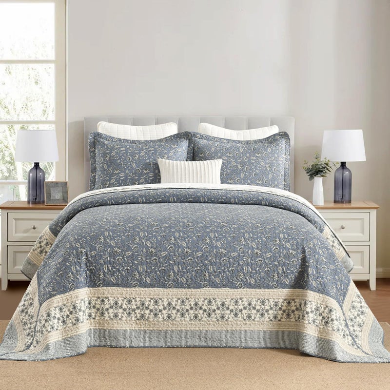 DDUOXIN Oversized King Bedspread 128x120 100 Cotton Reversible California King Quilt with 2 Pillow Shams Farmhouse Botanical Lightweight Coverlet Set GrayishBlueBeige - Image 2