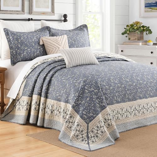 DDUOXIN Oversized King Bedspread 128x120 100 Cotton Reversible California King Quilt with 2 Pillow Shams Farmhouse Botanical Lightweight Coverlet Set GrayishBlueBeige - Image 3