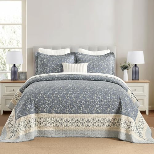 DDUOXIN Oversized King Bedspread 128x120 100 Cotton Reversible California King Quilt with 2 Pillow Shams Farmhouse Botanical Lightweight Coverlet Set GrayishBlueBeige - Image 1