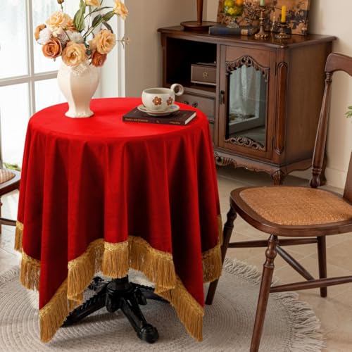 F-CHU Small Square Tablecloth 36 x 36 Inch Velvet Table Cloth Solid Red Small Round Table Cover for Nightstand End Bedside Table Tabletop Decoration，Red Tablecloth - Image 1