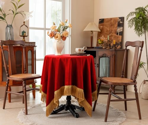 F-CHU Small Square Tablecloth 36 x 36 Inch Velvet Table Cloth Solid Red Small Round Table Cover for Nightstand End Bedside Table Tabletop Decoration，Red Tablecloth - Image 2