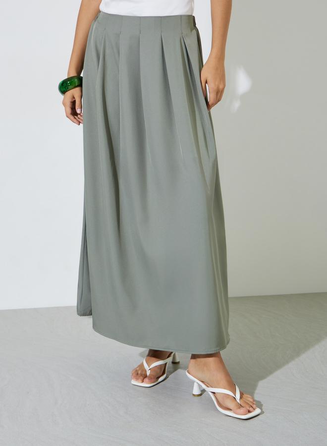 Styli Khaki Solid Pleated A-Line Maxi Skirt - Image 1