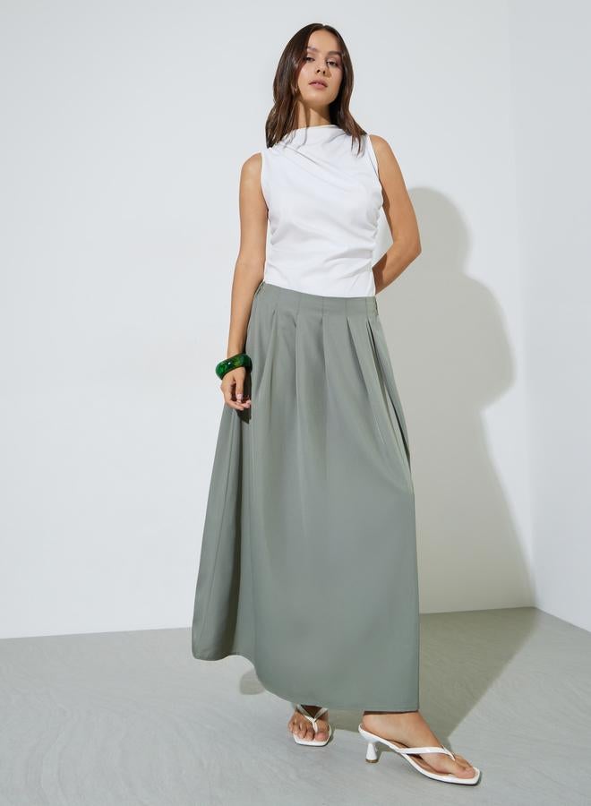 Styli Khaki Solid Pleated A-Line Maxi Skirt - Image 2
