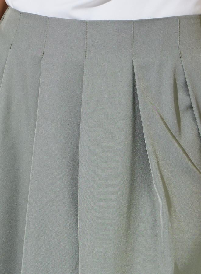 Styli Khaki Solid Pleated A-Line Maxi Skirt - Image 3
