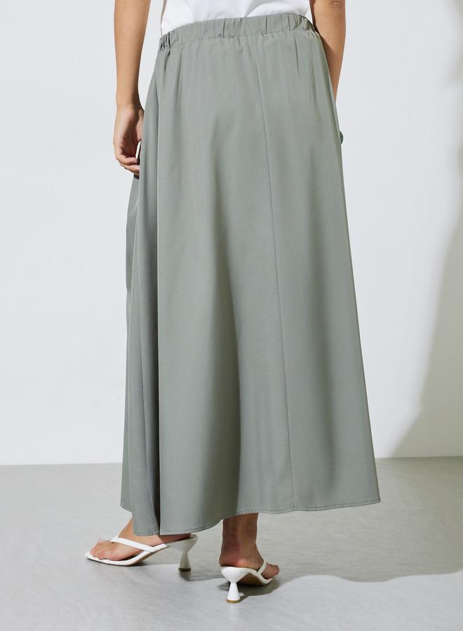 Styli Khaki Solid Pleated A-Line Maxi Skirt - Image 4