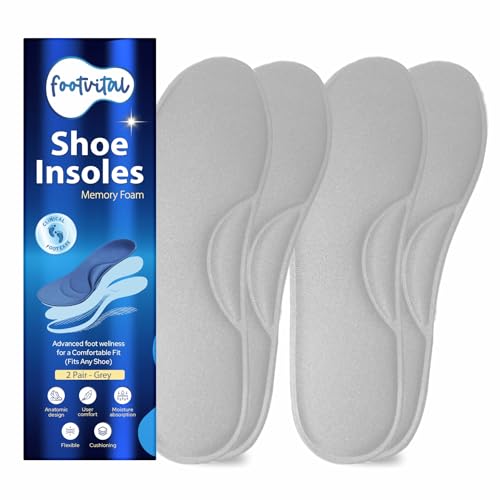 Footvital Memory Foam Shoe Insoles for Men and Women | Soft Cushioned Inserts for Long Standing and Walking | Supports Heel and Arch | Shock Absorbing | Moisture Absorbing | Lightweight Washable Insoles for All Shoes | 2 Pairs | Grey | Size 8 - Image 1