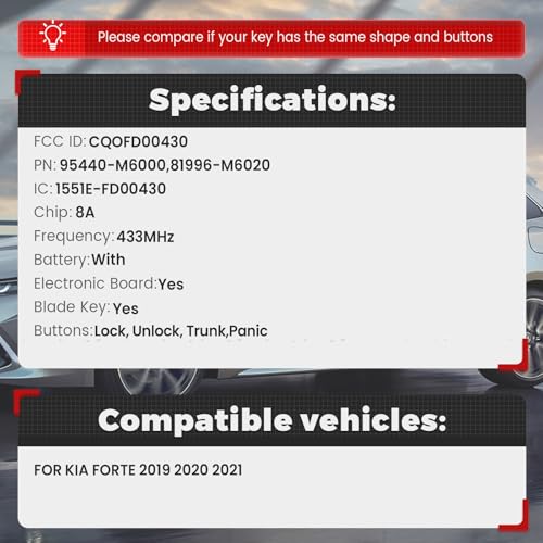 Beefunny Keyless Entry Remote Key Fob Replacement for Kia Forte 2019 2020 2021 Smart Car Key 433MHz 8A Chip FCC ID:CQOFD00430 P/N:95440-M6000 (1) - Image 2
