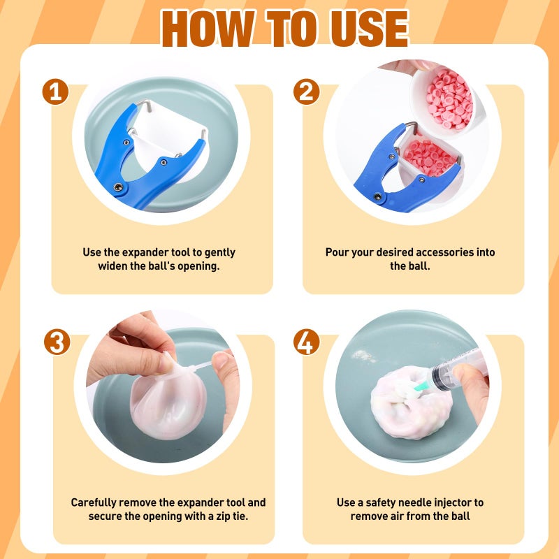 Simgoing 12 Sets DIY Stress Ball Making Kit Milky Blank Stress Ball DIY Kit with 12 Skins Empty Squeeze Balls Fill Beads Expander Tool Vacuum Evacuating Device for Make Pressure Balls(Warm Color,C) - Image 4