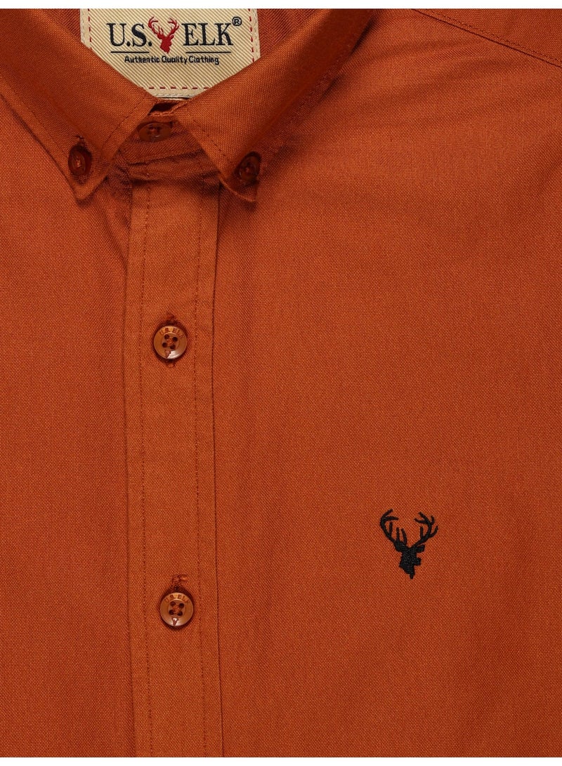 U.S. ELK Men's Button Down Shirt | Casual Slim Fit Shirt | Long Sleeve Oxford Shirts For Men | Smart Fit Cuff-Tan - Image 3