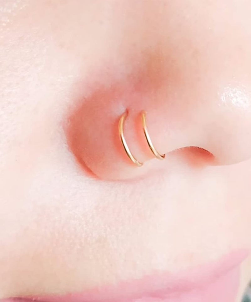 QWALIT Fake Gold Nose Ring & Earrings - Double Hoops, Clip On, Faux Nose Ring Cuff - Image 4