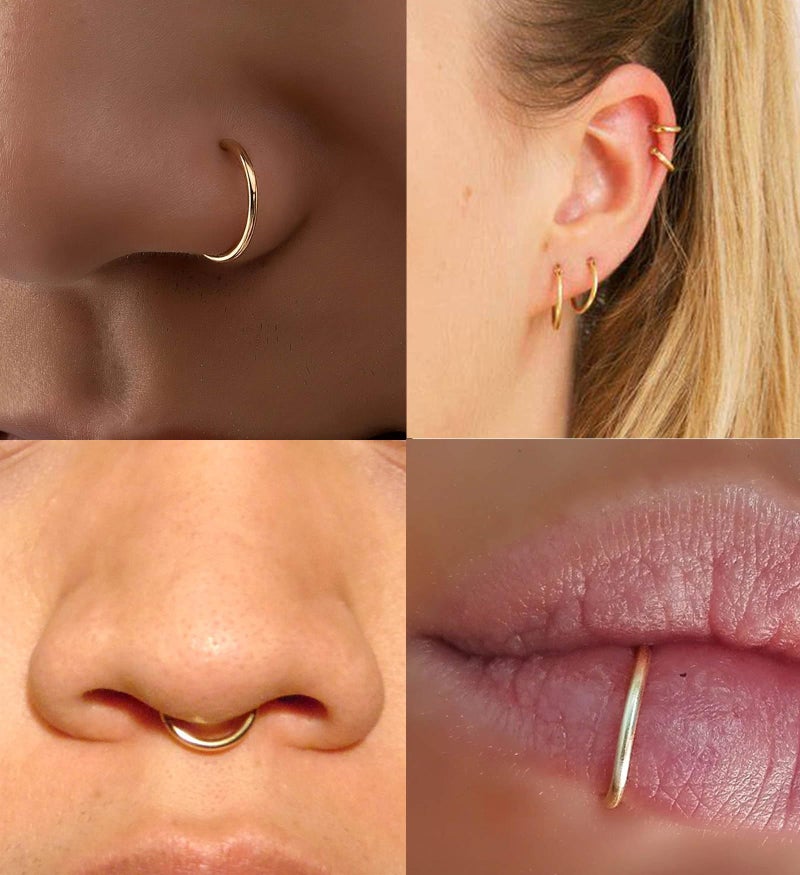 QWALIT Fake Gold Nose Ring & Earrings - Double Hoops, Clip On, Faux Nose Ring Cuff - Image 2