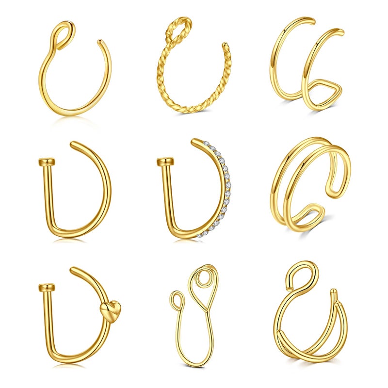 QWALIT Fake Gold Nose Ring & Earrings - Double Hoops, Clip On, Faux Nose Ring Cuff - Image 1