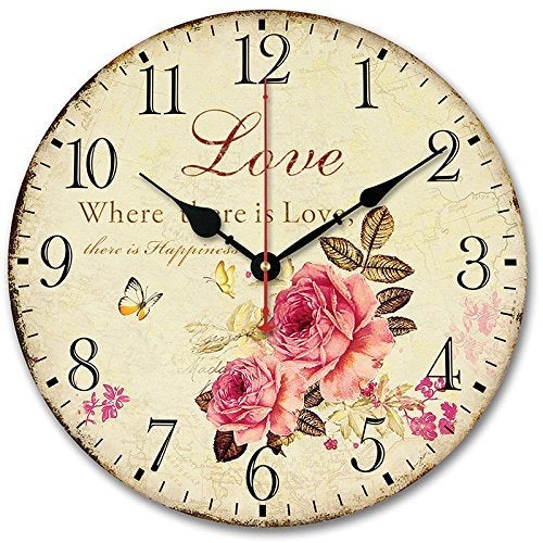 Usmile 12 inch Wall Clock Silent Non Ticking Vintage Large Decorative Wooden Retro Wall Clocks for Living Room Kitchen Kids Room (Sweet Rose Sing for Love Style) - Image 1