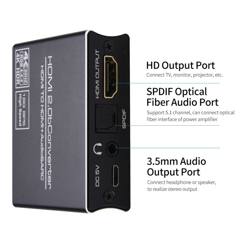 مستخرج الصوت عالي الدقة 2160P - مقسم HDMI بسرعة 18 جيجابت في الثانية - محول صوت بصري SPDIF بقنوات 5.1 ومخرج 3.5 ملم للمسرح المنزلي - Image 3