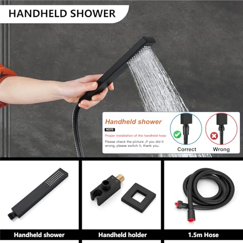 Midanya Shower Faucet Set,Wall Mount Shower System with Square Rain Shower Head and Hand Sprayer, Rough-in Valve Body and Trim Kit Included,12 Inch,Matte Black - Image 5