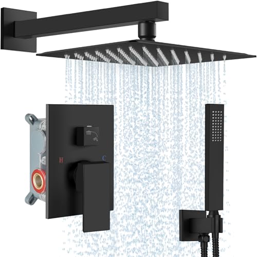 Midanya Shower Faucet Set,Wall Mount Shower System with Square Rain Shower Head and Hand Sprayer, Rough-in Valve Body and Trim Kit Included,12 Inch,Matte Black - Image 1