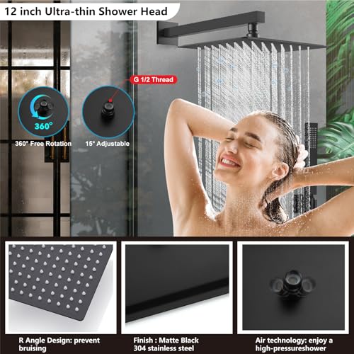 Midanya Shower Faucet Set,Wall Mount Shower System with Square Rain Shower Head and Hand Sprayer, Rough-in Valve Body and Trim Kit Included,12 Inch,Matte Black - Image 3