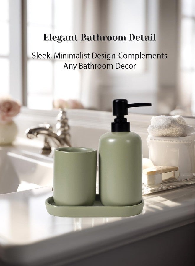 INGOFIN 3 Pcs Ceramic Bathroom Accessory Set - Liquid Soap Dispenser, Toothbrush Holder & Tray, Bathroom Counter Set, Countertop Essentials for Home, Guest Bathroom, or Office Use, Dark Green - Image 3