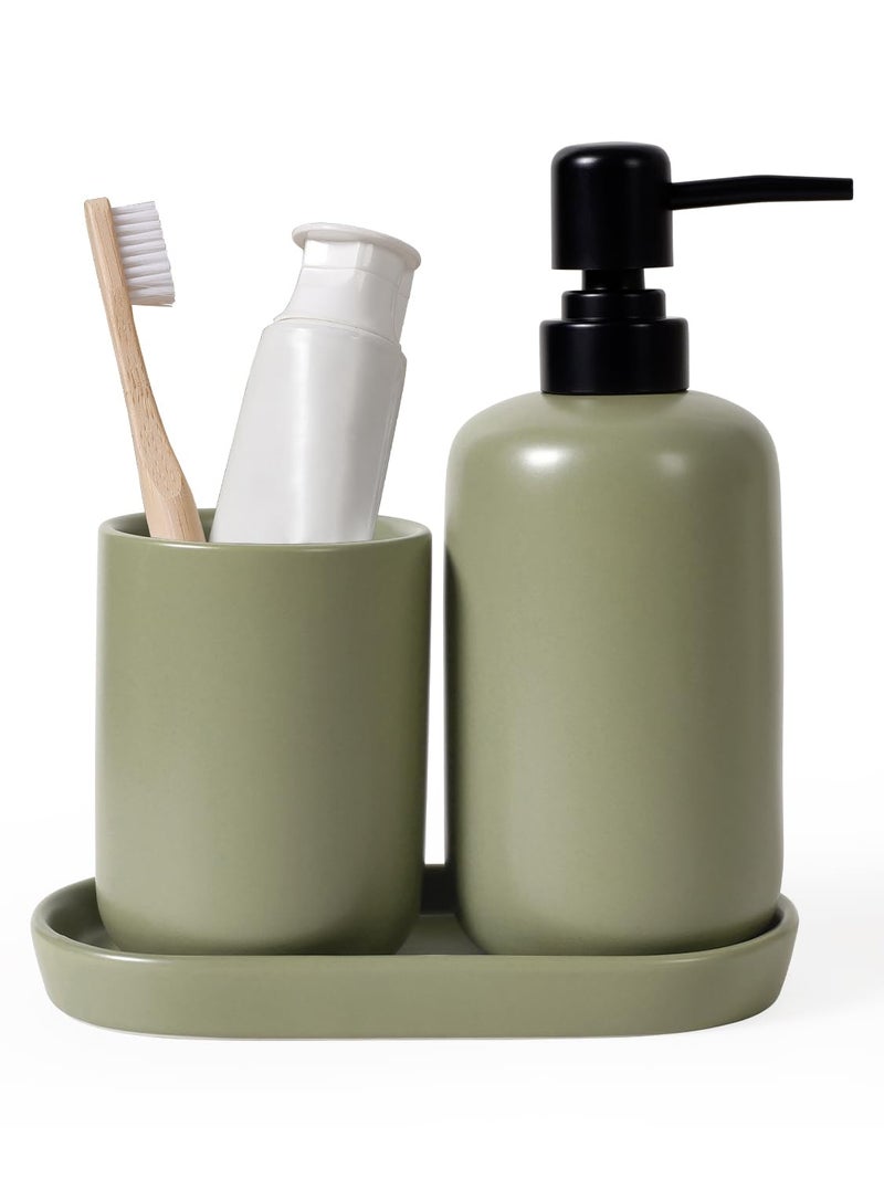 INGOFIN 3 Pcs Ceramic Bathroom Accessory Set - Liquid Soap Dispenser, Toothbrush Holder & Tray, Bathroom Counter Set, Countertop Essentials for Home, Guest Bathroom, or Office Use, Dark Green - Image 1