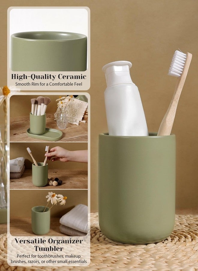 INGOFIN 3 Pcs Ceramic Bathroom Accessory Set - Liquid Soap Dispenser, Toothbrush Holder & Tray, Bathroom Counter Set, Countertop Essentials for Home, Guest Bathroom, or Office Use, Dark Green - Image 4