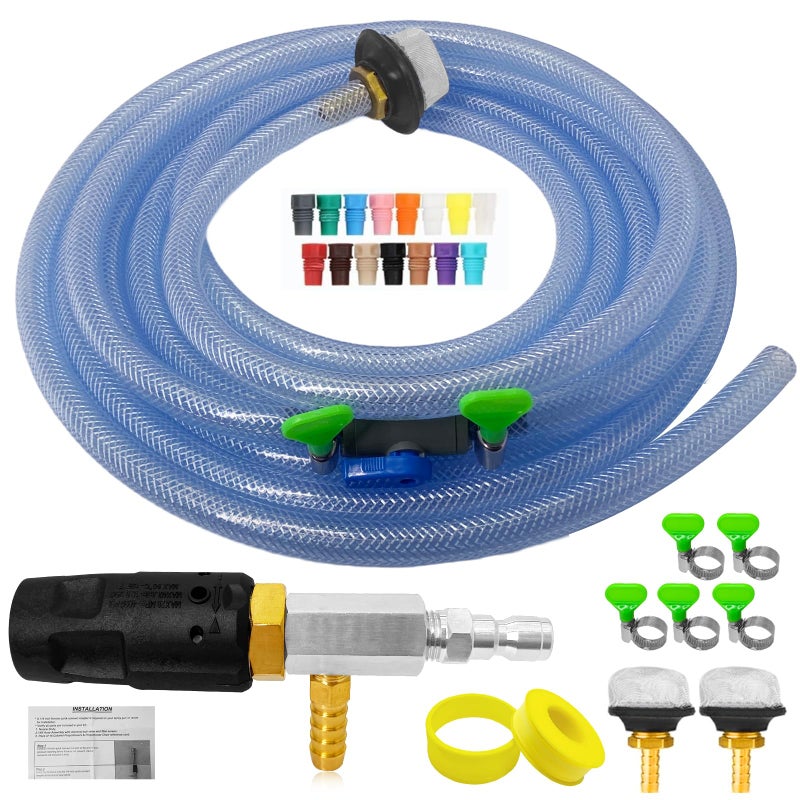 YDHFTYS Adjustable Long Range Downstream Injection Nozzle Kit 4-4.5 GPM, Pressure Washer Spray Nozzle, Spray Nozzle Pressure Washer with 1/4" Quick Connect/15FT Hose/Shut-off Valve/Filter.2500 to 4000 PSI. - Image 1