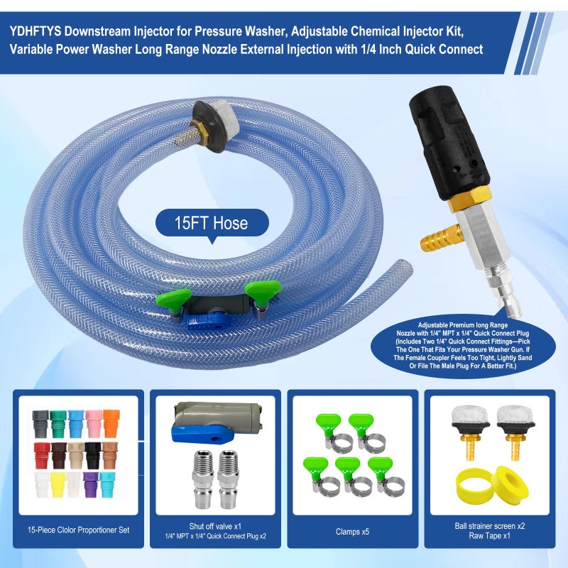 YDHFTYS Adjustable Long Range Downstream Injection Nozzle Kit 4-4.5 GPM, Pressure Washer Spray Nozzle, Spray Nozzle Pressure Washer with 1/4" Quick Connect/15FT Hose/Shut-off Valve/Filter.2500 to 4000 PSI. - Image 2
