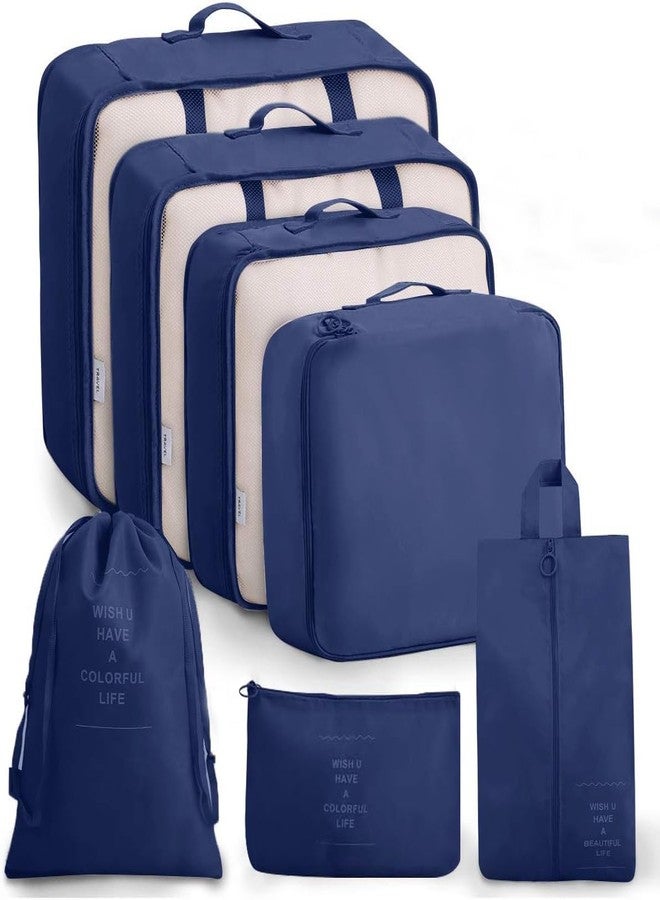 Lyrovo Nylon [UPDATED] 7pcs Travel Packing Cubes for clothes Laundry Toiletry Cosmetics Luggage Makeup Pouch Accessories Organizer Bag (Navy Blue) - Image 1