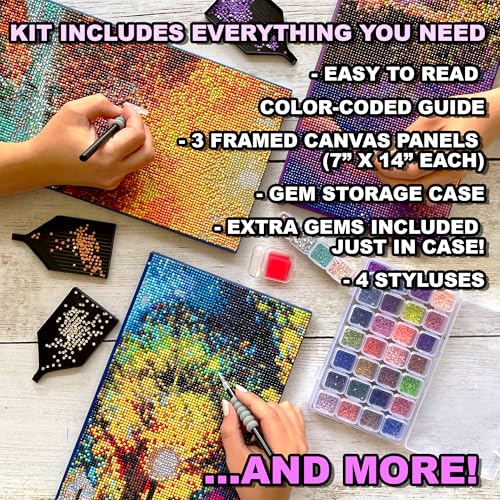 ArtSkills Diamond Painting Kit, Diamond Art on Framed Canvas with Gem Storage Case and Accessory Kit, Beach, 3 Stretched Canvas Panels, 14” x 7” Each - Image 2