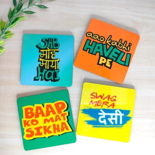 Yey Tea Coaster Set Desi Quotes Printed, MDF Wood Material Coasters for Home and Kitchen, Office Table, Dining Table, Home Decor (3.5x3.5 inches, Set of 4) - Image 3