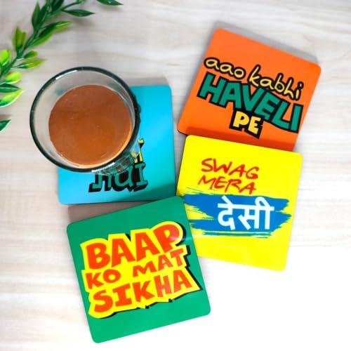 Yey Tea Coaster Set Desi Quotes Printed, MDF Wood Material Coasters for Home and Kitchen, Office Table, Dining Table, Home Decor (3.5x3.5 inches, Set of 4) - Image 5