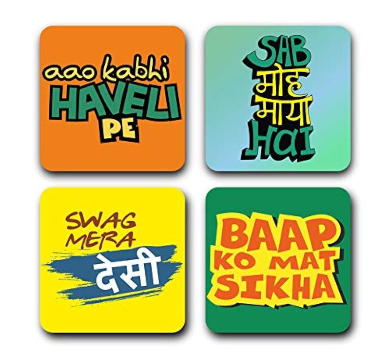 Yey Tea Coaster Set Desi Quotes Printed, MDF Wood Material Coasters for Home and Kitchen, Office Table, Dining Table, Home Decor (3.5x3.5 inches, Set of 4) - Image 1