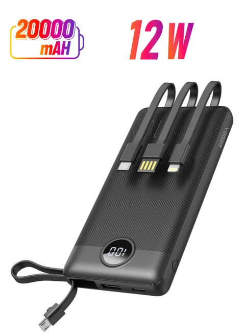 Power Bank 20000mAh and Built-in 4 Cables Compatible with all Devices Black