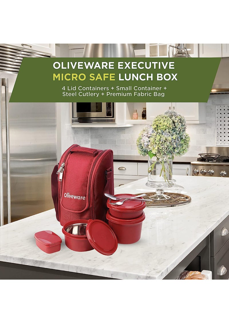 oliveware Executive Micro Safe Lunch Box | 3 Stainless Steel Containers | Microwave Safe | Insulated Fabric Bag | Leak Proof | Full Meal (Red) - Image 2