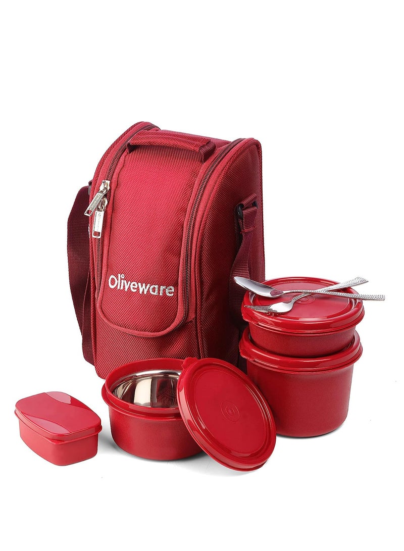 oliveware Executive Micro Safe Lunch Box | 3 Stainless Steel Containers | Microwave Safe | Insulated Fabric Bag | Leak Proof | Full Meal (Red) - Image 1