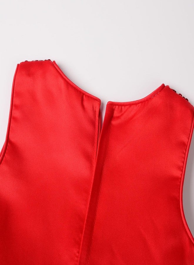 Uhnice Little Girl's Sequin Sleeveless Mesh Rainbow Dress for Wedding Party (Red, 6-7/140) - Image 4
