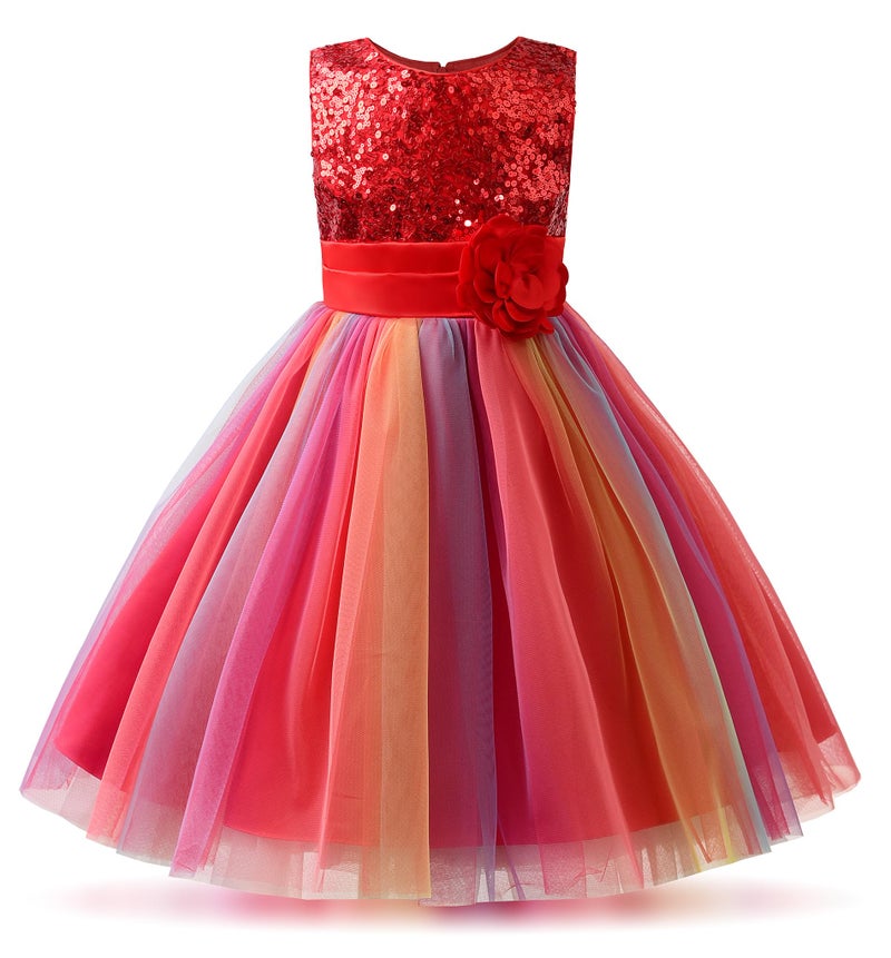Uhnice Little Girl's Sequin Sleeveless Mesh Rainbow Dress for Wedding Party (Red, 6-7/140) - Image 1