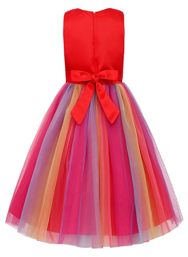 Uhnice Little Girl's Sequin Sleeveless Mesh Rainbow Dress for Wedding Party (Red, 6-7/140) - Image 2