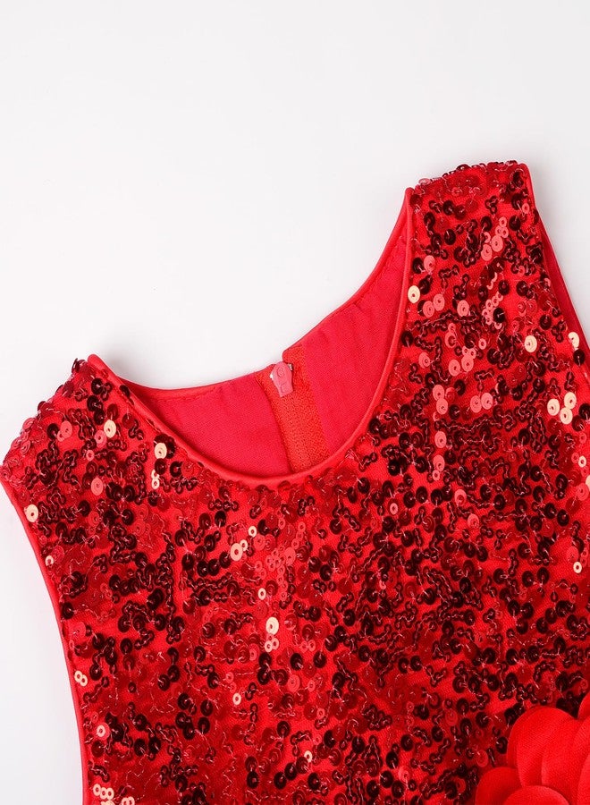 Uhnice Little Girl's Sequin Sleeveless Mesh Rainbow Dress for Wedding Party (Red, 6-7/140) - Image 3