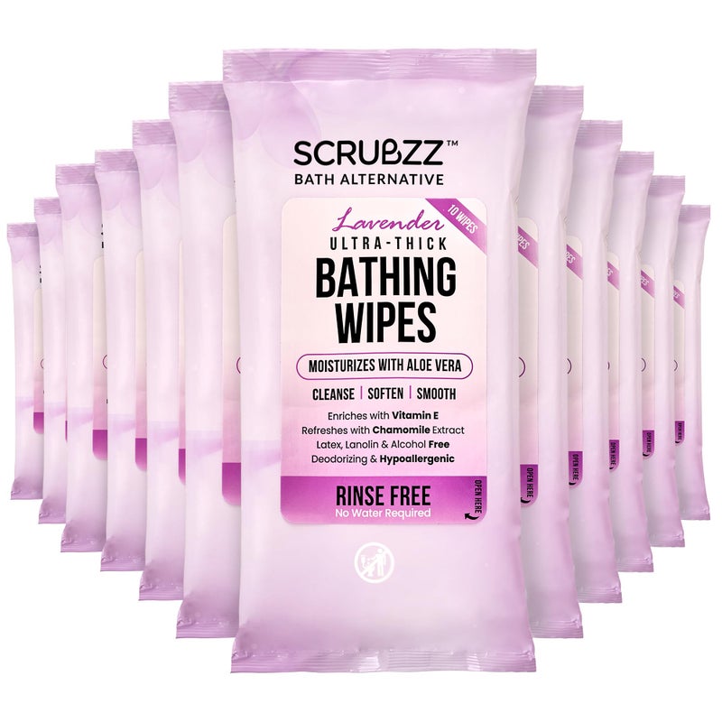 scrubzz Extra Large Bath Wipes For Adults Bathing No Rinse - 120 Disposable Body Cleansing Wipes For Men  Women & Elderly - Great For Gym  Camping  Post Surgery - Shower Wipes - Lavender - Image 1