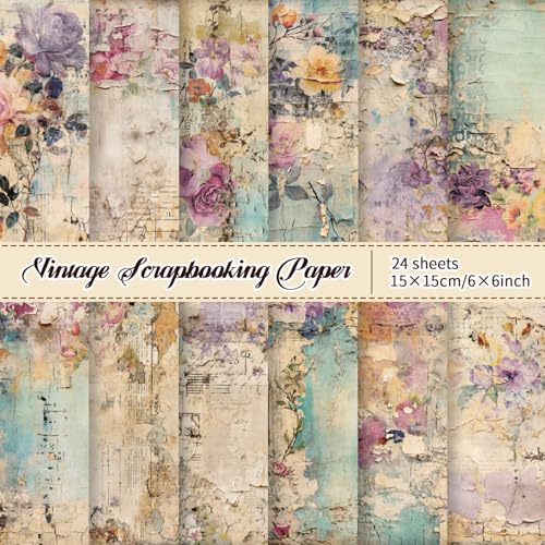 NPCSWXQ 24Pcs 6×6 Scrapbook Paper Pad Purple Yellow Floral Pattern Vintage Decorative Decoupage Paper Pack For DIY Card Making Scrapbooking Supplies Decor Junk Journal,Craft Gift Wrapping - Image 1
