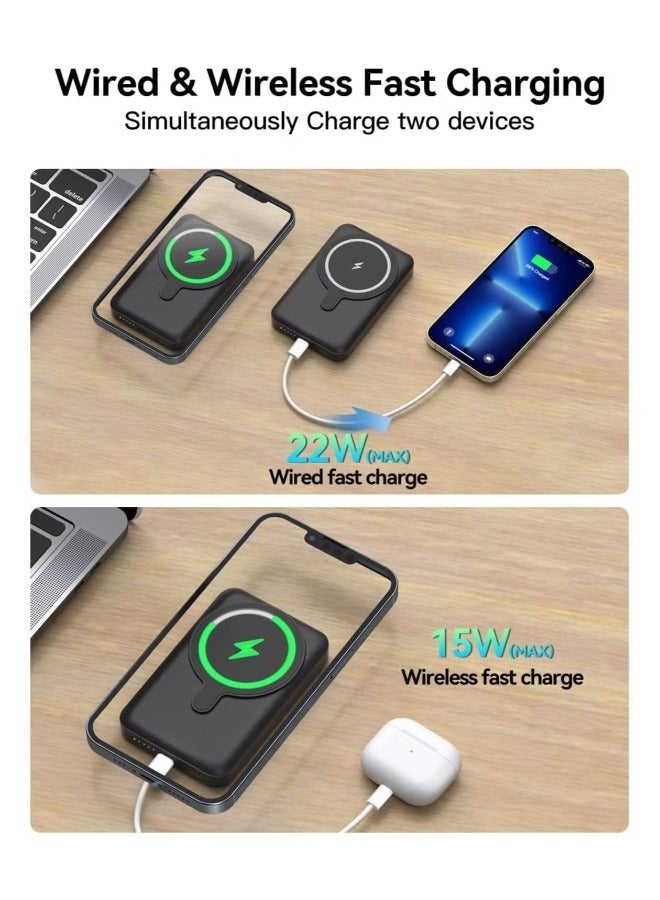 Raxoom Magnetic Wireless Portable Charger, 10000mAh Mag-Safe Battery Pack 15W Fast Charging, USB-C Power Bank Foldable Stand Compatible iPhone 14/13/12 Pro Max Plus Mini (Black)  - Image 3