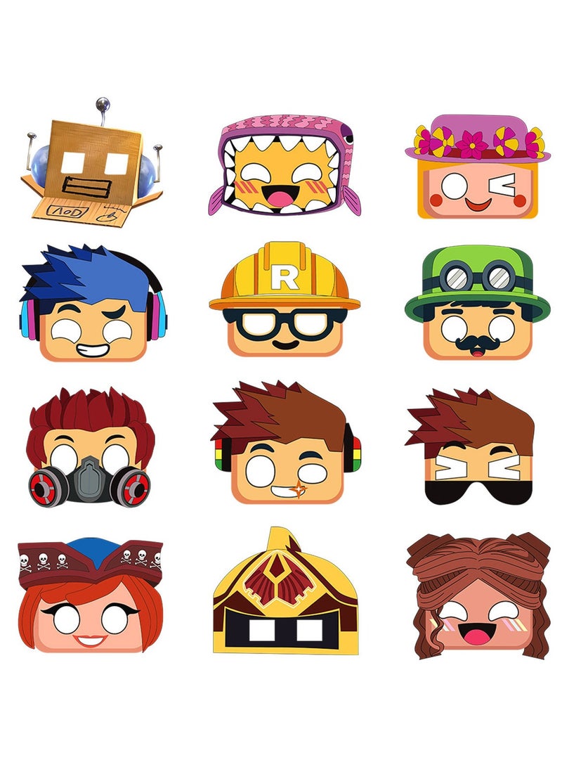 عام أقنعة ورقية بتصميم ROBLOX - 12 قناعًا + 12 حبلًا، إكسسوارات تصوير لحفلات عيد ميلاد الأطفال، أقنعة نصف وجه مرحة للاجتماعات العائلية - Image 1