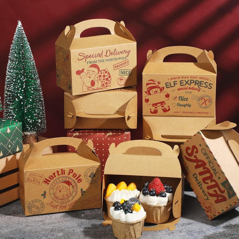 كلاراكو 24 قطعة من صناديق هدايا عيد الميلاد المصنوعة من ورق كرافت، صناديق هدايا عيد الميلاد العتيقة من القطب الشمالي، هدايا للحلوى والبسكويت مع مقابض وحاويات تغليف الطعام للمكتب والعطلات (على طراز كرافت) - Image 4