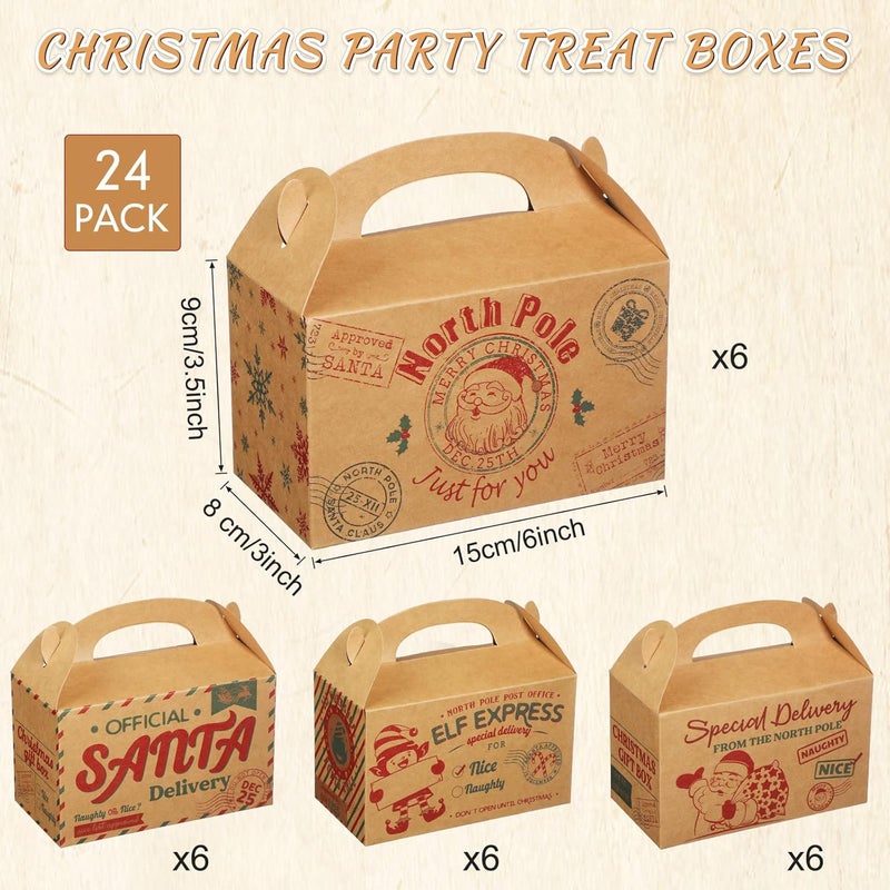 كلاراكو 24 قطعة من صناديق هدايا عيد الميلاد المصنوعة من ورق كرافت، صناديق هدايا عيد الميلاد العتيقة من القطب الشمالي، هدايا للحلوى والبسكويت مع مقابض وحاويات تغليف الطعام للمكتب والعطلات (على طراز كرافت) - Image 2