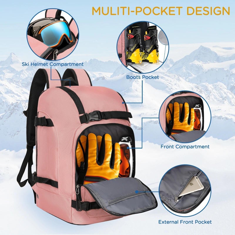 WOLT Ski Boot Bag Backpack - 50L Snowboard Boot Bag for Air Travel for Snow Boots, Ski Helmet, Gloves, Goggles, Skiing Gear (FleshPink) - Image 4