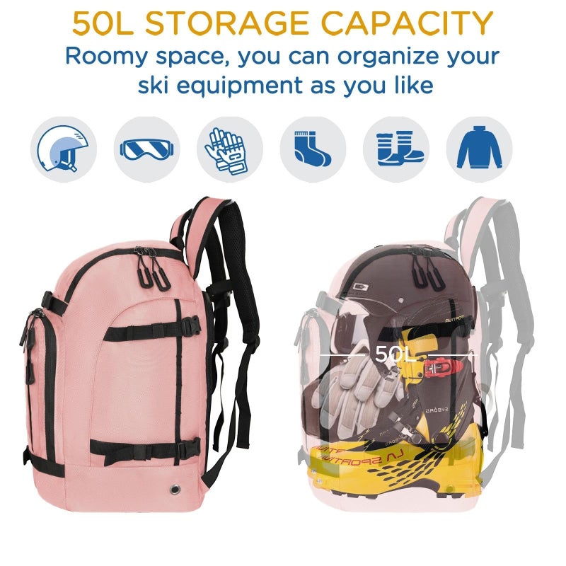 WOLT Ski Boot Bag Backpack - 50L Snowboard Boot Bag for Air Travel for Snow Boots, Ski Helmet, Gloves, Goggles, Skiing Gear (FleshPink) - Image 2
