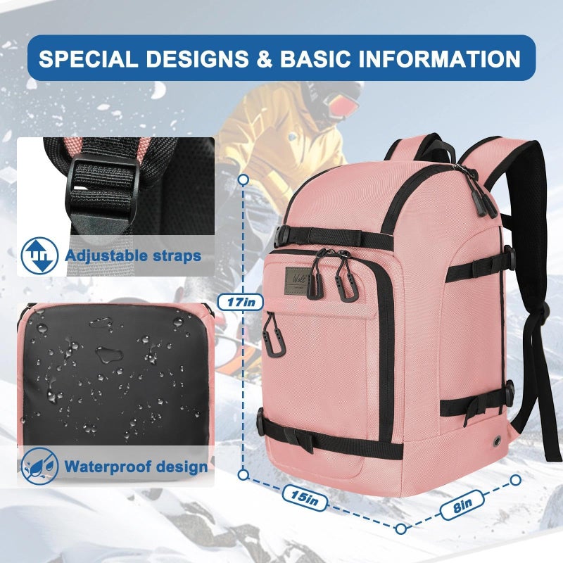 WOLT Ski Boot Bag Backpack - 50L Snowboard Boot Bag for Air Travel for Snow Boots, Ski Helmet, Gloves, Goggles, Skiing Gear (FleshPink) - Image 3