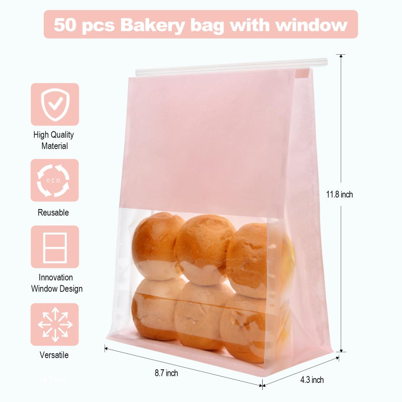 Funcoo 50 Paper Bread Bags with Tabs for Homemade Sourdough Bread, 8.7x4.3x11 Inches Pink Bakery Bread Bags with Window/Tin Tie Tab Lock, Large Bakery Loaf Bag for Baked Goods Packaging - Image 2