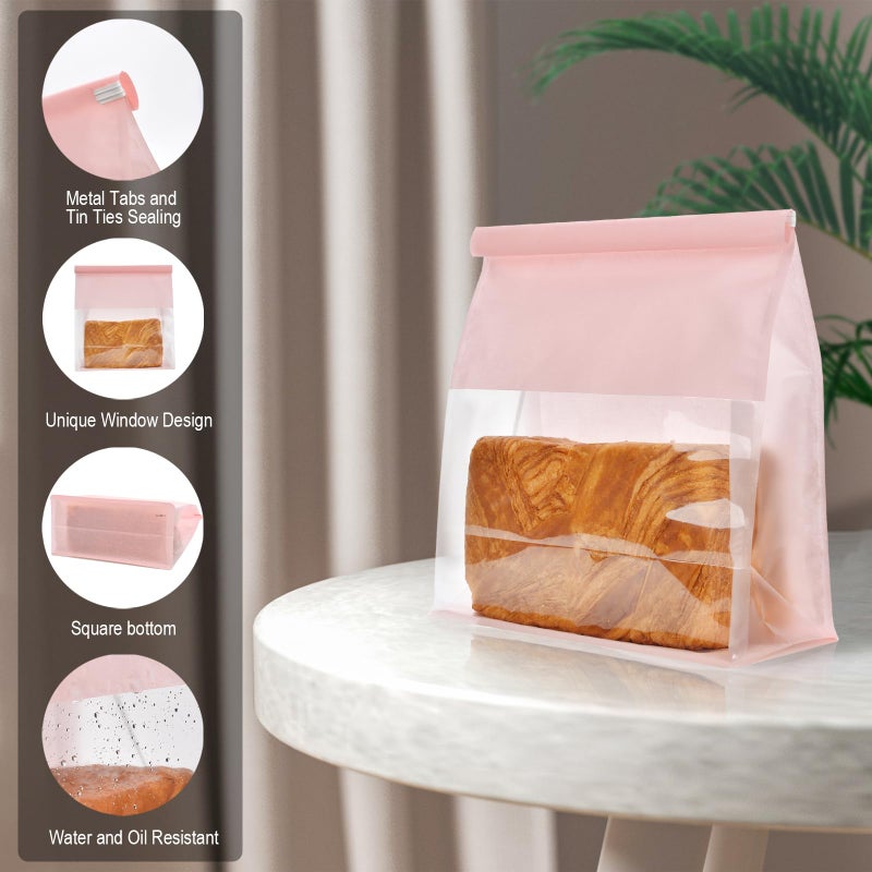 Funcoo 50 Paper Bread Bags with Tabs for Homemade Sourdough Bread, 8.7x4.3x11 Inches Pink Bakery Bread Bags with Window/Tin Tie Tab Lock, Large Bakery Loaf Bag for Baked Goods Packaging - Image 5