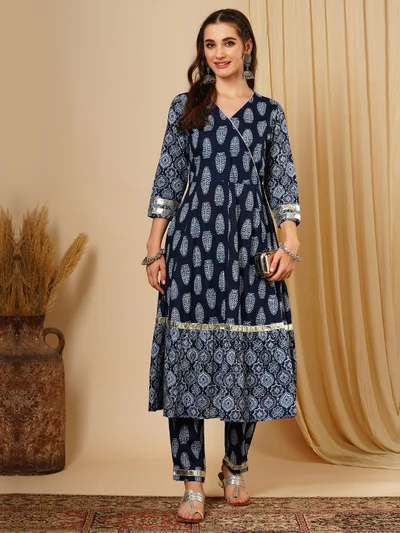 globus Women Blue Ethnic Motifs Printed Angrakha Gotta Patti Pure Cotton Kurta With Trousers
